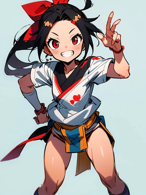 solo,black ponytail,big forehead,red eyes,japanese headband,white t-shirts,(loincloth),action model pose,grin,white simple background,(manga style),(sketch),(illustration),