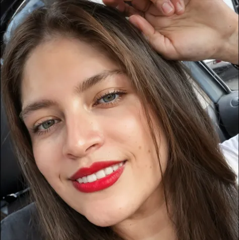 arafed woman with long brown hair and  red lipstick in a car, violet myers, cheeky smile with  red lips,  red lips, adriana dxim, thick  red lips, beautiful latina face, Alanis Guillen, Sitting in her car, front image, lorena avarez, profile picture, ferna...