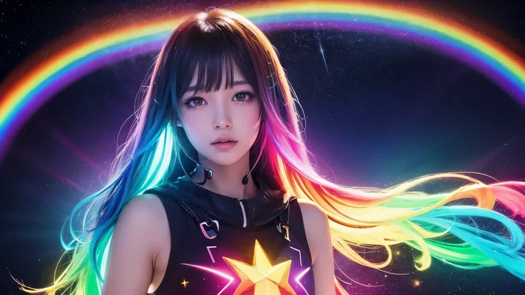 Digital effects symbolizing AI have been added to the rainbow and starry sky background, which symbolizes a bright and shining future. The silhouette of the character is surrounded by a rainbow-colored aura. The overall design is vivid and eye-catching.