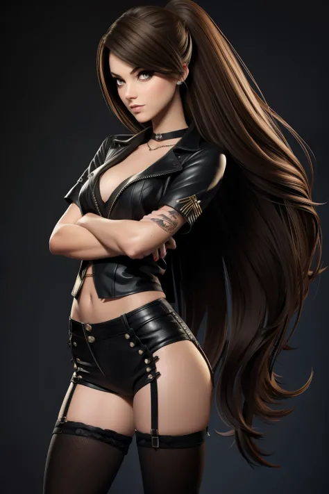 dark Blond,  long hair, Emo Pin up Girl, Black Faux, Striking a pose, skinny innocent