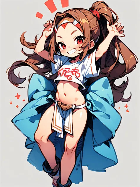 ((chibi)),solo,(fullbody),black ponytail,big forehead,red eyes,japanese headband,white t-shirts,(loincloth),((hands up)),action model pose,grin,white simple background,(manga style),(sketch),(illustration),