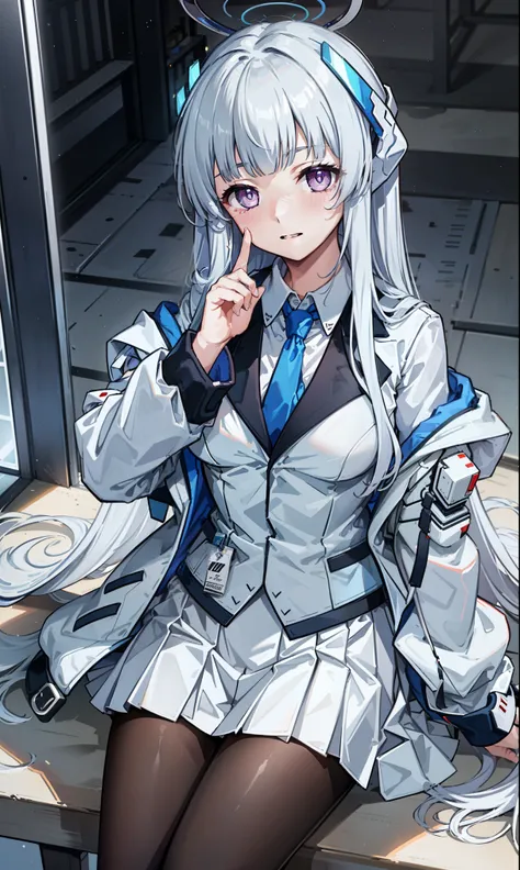 (Exquisite Ushio Noa), 8K, super high resolution, (masterpiece:1.2), (, delicate and beautiful eyes ), Extremely subtle, solitary, Real light and shadow, permanent, Natural Movement, rest (Blue tie, White Shirt , strapless, White jacket, Open front jack...