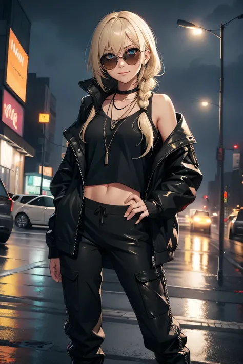 score_9, score_8_up, source_anime, 1girl, solo, green eyes, slit pupils, multicolored hair, blonde hair, black hair, long hair, side braid, parted bangs, sunglasses, chain necklace, black shirt, sleeveless, covered collarbone, see-through shirt, midriff pe...