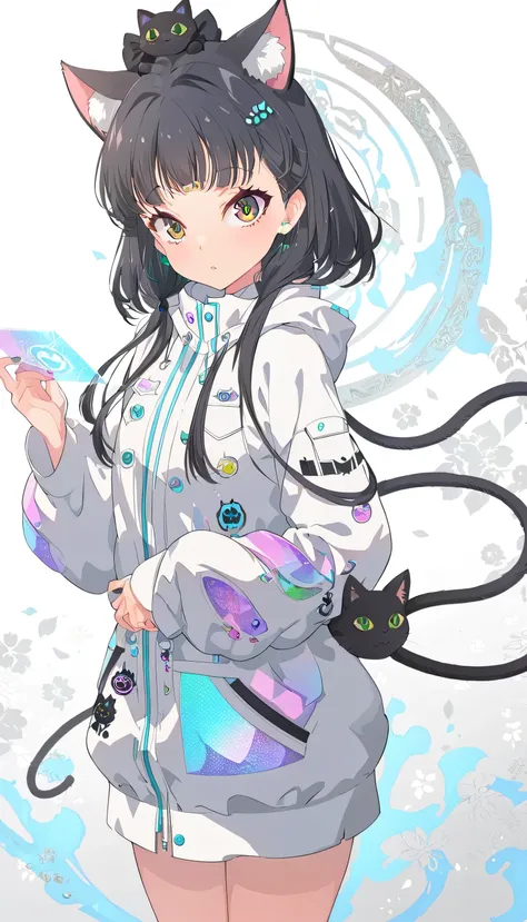 anime girl with black hair and a cat hat, anime style illustration, moe artstyle, wallpaper 8 k, digital illustration, beautiful catgirl, she wears a hoodie with animal ears and technowear technology, futuristic fashion in black and holographic colors, man...