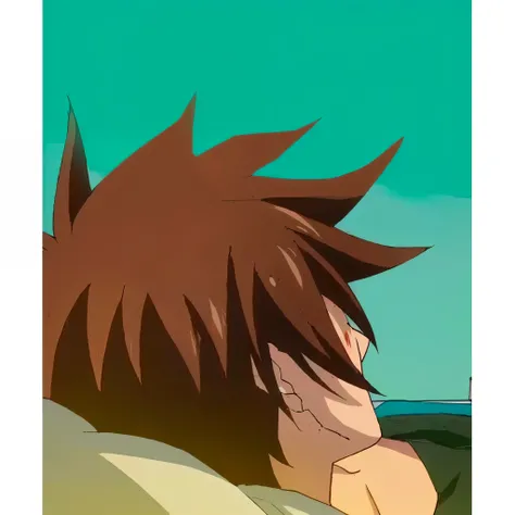 anime anime character with brown hair and brown eyes looking at the sky, in a anime masterpiece, makoto, anime still frame, tsunami behind him, anime masterpiece, sora, in an anime, todays featured anime still, anime style”, anime still, bottom shot, giga ...