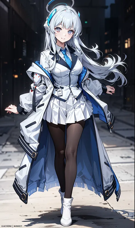 (Exquisite Ushio Noa), 8K, super high resolution, (masterpiece:1.2), (, delicate and beautiful eyes ), Extremely subtle, solitary, Real light and shadow, permanent, Natural Movement, rest (Blue tie, White Shirt , strapless, White jacket, Open front jack...