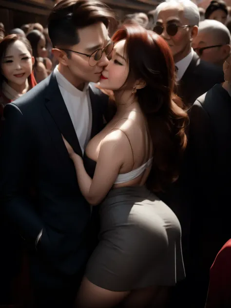 A beautiful woman wearing a revealing skirt suit, her elderly husband hugged and kissed her from behind in the crowded crowd, UHD, masterpiece, textured skin, super detail, best quality, 8k.