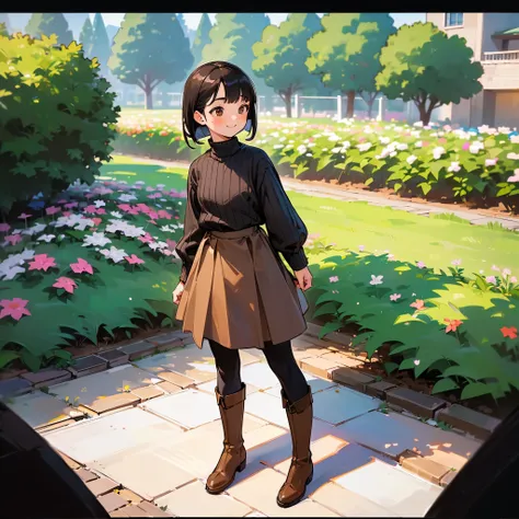 ( High Quality ,  high definition , Very detailed, reality:1.37), Peaceful atmosphere, (Outdoor, garden),  teenage girl standing alone,  Beautiful details,  cute smile with blush, (Black Bob), Ribbed sweater,Brown skirt, Black tights,  brown boots .