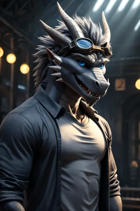 Masterpiece, Solo, Cool Pose, Furry Gray Dragon, Medium Muscular Body, Blue Eyes, Grey Medium Hair, Casual Shirt, Fierce, Manly, Veins, Goggles, Charming, Joy Expression, Good looking