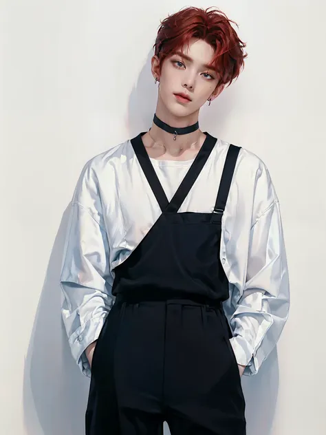 (4k)) ((  high quality  )) ((  white background )) ((, the amber-red hair color )) ((blue trousers)) ((one member of a k-pop gro...