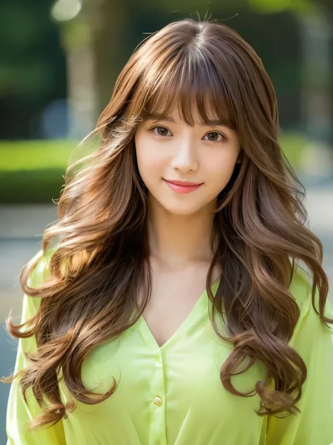 (Her bangs are the perfect full bangs:1.2)　(Her light brown hair is super long and curly., Her hair is long and touches the ground:1.4)　(Her super high quality brown hair is as smooth as silk, Very shiny, Shiny, thick,Detailed and voluminous.、Long enough t...