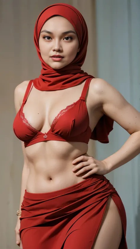 A 20 yo woman with (( red hijab)), Realistic, Photorealistic, 8K, Masterpiece, Best Quality, High Definition, Live Action, RAW Photo, Single Woman,sexy, red bra and ((slit skirt)), ((no hair exposed, sleeveless)), from head to hip, cowboy shot,