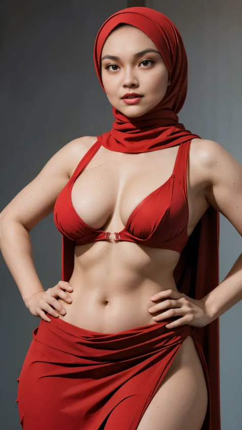 A 20 yo woman with (( red hijab)), Realistic, Photorealistic, 8K, Masterpiece, Best Quality, High Definition, Live Action, RAW Photo, Single Woman,sexy, red bra and ((slit skirt)), ((no hair exposed, sleeveless)), from head to hip, cowboy shot,