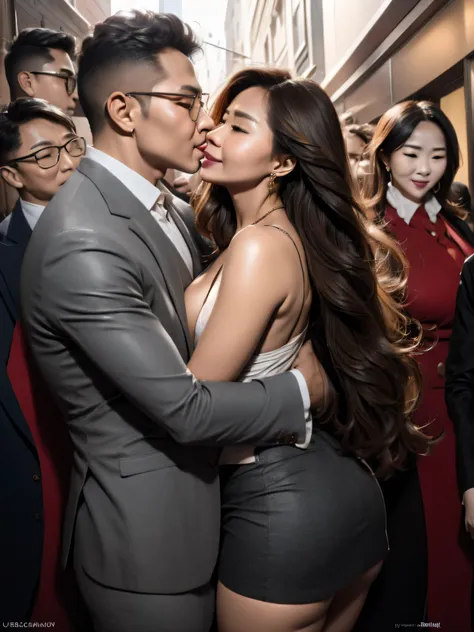A beautiful woman wearing a revealing skirt suit, her elderly husband hugged and kissed her from behind in the crowded crowd, UHD, masterpiece, textured skin, super detail, best quality, 8k.