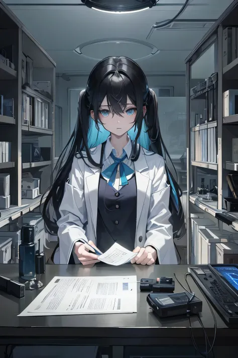 A dark anime-style scene depicting an adult version of Aya from Mad Father in a dimly lit laboratory. She is wearing a white scientists lab coat, with her hair styled neatly, resembling her younger self but more mature. The laboratory is filled with myster...