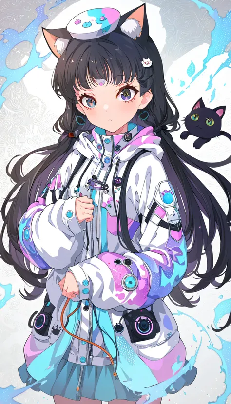 anime girl with black hair and a cat hat, anime style illustration, moe artstyle, wallpaper 8 k, digital illustration, beautiful catgirl, she wears a hoodie with animal ears and technowear technology, futuristic fashion in black and holographic colors, man...