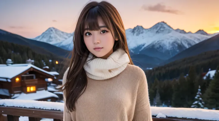 High Definition, 4K, photo quality, realistic, soft light source, wide shot, Japanese, one girl, pretty girl, 20 years old, brown eyes, parted bangs, brown hair, medium hair, looking at camera, upper body.
Clothing: cashmere sweater, leather pants, fur boo...