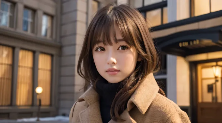 High Definition, 4K, photo quality, realistic, soft light source, wide shot, Japanese, one girl, pretty girl, 20 years old, brown eyes, parted bangs, brown hair, medium hair, looking at camera, upper body.
Clothing: plaid wool coat, knit dress, long boots....