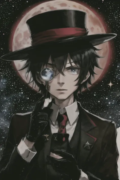 a 20 year old man, with black hair, blue eyes,  of a hat with a red stripe, using a monocle attached to a chain that has a triangular tip, wearing a suit,  wears black gloves on her hands , Shuffling cards ,  against the background a moon in the starry sky...