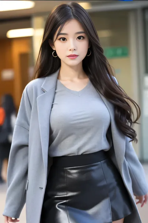 (top-quality、8k、​masterpiece:1.3、Very large)、 beautiful Japanese woman with perfect figure:1.4、office lady wearing grey jacket and tight skirt、Im wearing pantyhose、Soft Face、I have long black hair over my ears、 Highly Detailed Face and Skin 、 detailed eyes...