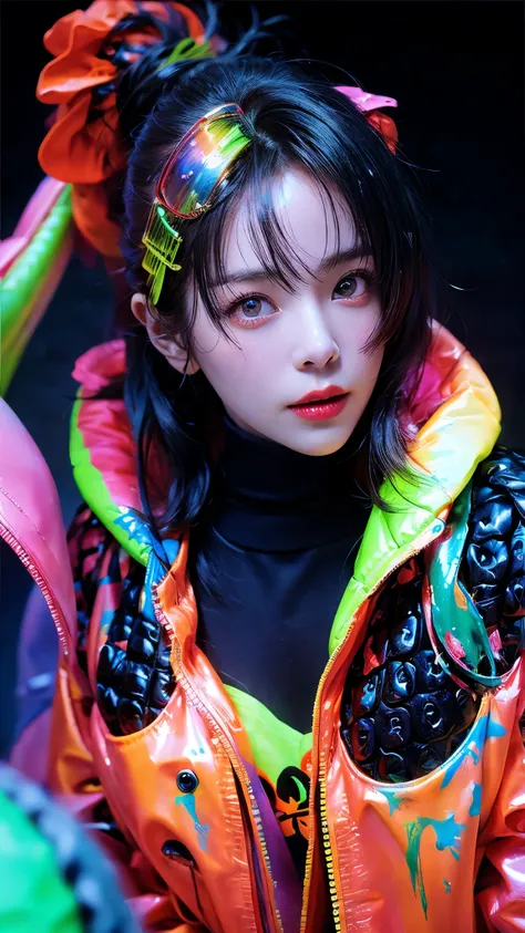 glow in the dark, paint splatter, Captivating psychedelic surreal neon amazing universe beautiful gorgeous women in a bright colorful neon light, Mark Ryden, Daniel Merriam, Bright neon colors in the style of Frank Frazetta and Boris Vallejov, fashion clot...