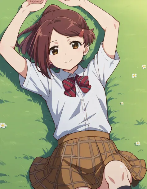 ako suminoe, short hair, brown hair, hair ornament, brown eyes, ponytail, hairclip, skirt, shirt, school uniform, white shirt, plaid, kneehighs, plaid skirt, shiny skin, high quality, solo, lying, on back, arms up, spread arms, closed mouth, on grass, look...