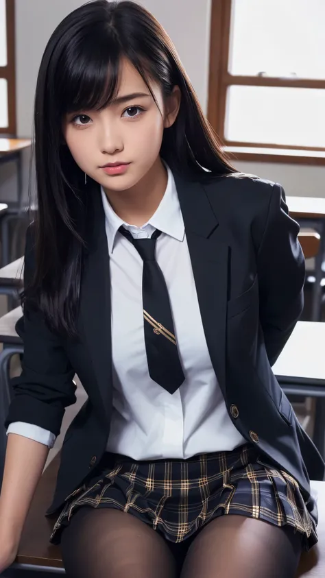 (Highest quality, 4K, 8k, High resolution, masterpiece, Genuine, Realistic, Realistic:1.3), (upper body), Girl sitting on the school desk in classroom, blue tie Uniform, Dark Blown Blazer, blown plaid skirt, Gal Makeup, wearing white collared shirts, black...