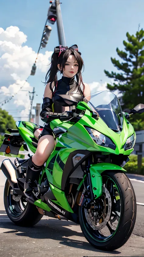 max image, outstanding details, 超 high definition , ( realism: 1.4),  best illustrations , motorcycle, kawasaki ninja 250、green、...