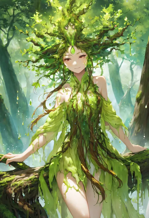 One girl, Female tree spirit, Wood Hair, Internal boiling acetic acid, Put a few drops of acetic acid on the skin,