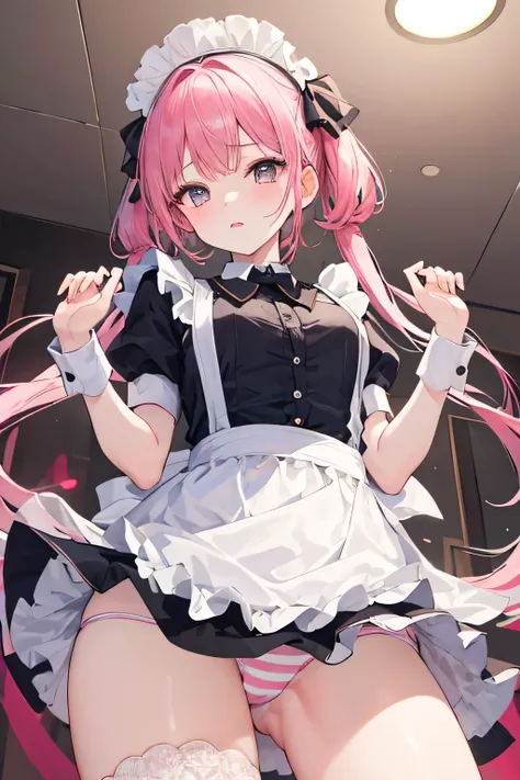 (( best quality)), ((masterpiece)), (  Details),  1 girl ,  maid outfit 、 white and pink striped panties、 panties like Amazons 、At an angle looking up from below、 shyly look at viewers、Two arms、Roll up the skirt with both hands 