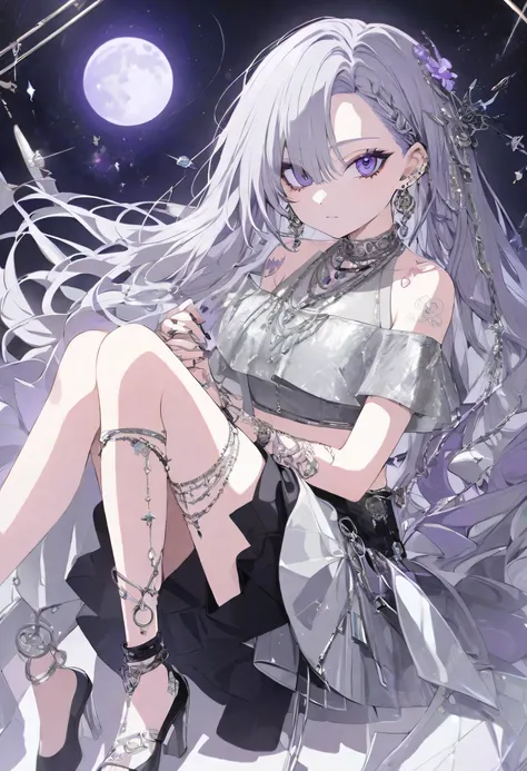 This woman has the following appearance:

Hairstyle: Short light gray hair with a slight purple sheen, giving off a modern and neat look. Some strands are adorned with small accessories.

Eyes: Light green, bright and mysterious.

Clothing: A silver glitte...