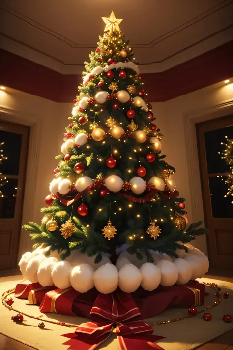  Beautifully decorated Christmas tree with garlands, middle view , 8 k,  high quality ,  realistic, фото realistic,  Cinematic lighting ,  intricate details , warm color tones, holiday, festive ,  magical 