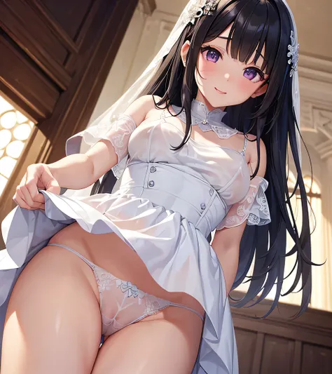 NSFW, (Wonderful and exquisite Chitanda Eru),  purple eyes, Long black hair,  natural straight hair,  straight slutty , bridal gown veil , Alone, Very delicate, Straight face,  incomparably beautiful girl with excellent estimates,  soft, (Functional), (Nau...