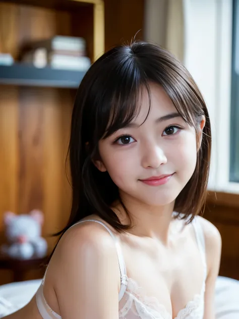 Best-quality, Masterpiece, Ultra-High-Resolution, (Photorealistic:1.4), Raw Photo, depth of field, professional lighting, 1girl, (14-years-old), (the most famous Japanese-idol), ((innocent smile)), looking at viewer, in her room, (((extremely realistic lov...