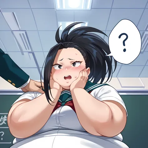fat body, tall, yaoyorozumomo, black eyes, black hair, ponytail, long hair, hair pulled back, school uniform, fat body, t big . , desireable, tempting, lust, fat, chubby, obese, open mouth, out of breath, absurdres, highres icon, rating:General, confused, ...