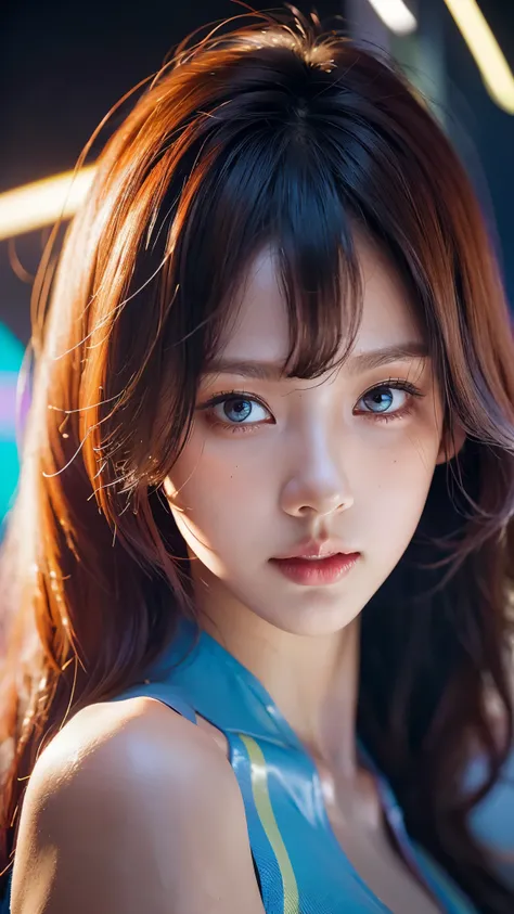 (masterpiece, highest quality, highest quality, Official Art, beautifully, aesthetic:1.2), Portrait Photography, (Cyberpunk beautiful girl 1 person), Big iridescent eyes, Beautiful skin, (Pink and blue long hair with bangs), Very detailed, (Neon colored fr...