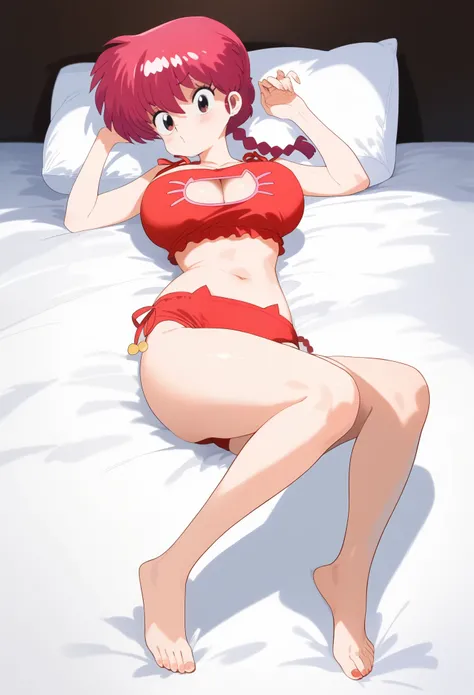  Ranma saotome , red hair, Hair with braid,  big breasts , NSFW, Pecho enorme, redondo,  inflated and overfilled breasts, cute face,  sexy cat lingerie outfit, (cat lingerie ),  full body ,  full body , Alone,  lying in bed , sexy, 