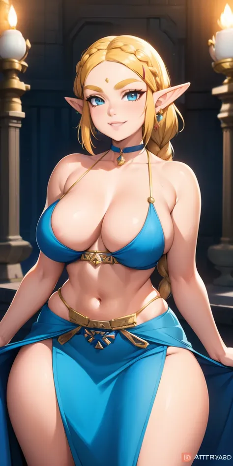 long hair, choker. busty (((firm DD-size breasts))), Bermuda ( wide hips ), ( thick thighs ), lythe figure, curvy, voluptuous figure, sexy princess, sexy princess dress, low neckline, maxi skirt, posing in a castle, coy smile, trending on Artstation, digit...