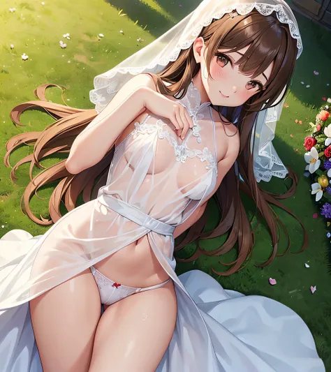 NSFW, (Wonderful exquisite Asuna),　 Brown Eyes , Long brown hair,  natural straight hair, bridal gown veil , Alone, Very delicate, Straight face,  incomparably beautiful girl with excellent estimates,  soft, (Functional), (Naughty), (Cute), Delicate face, ...