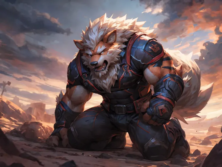 hairy, arcanine, beard, surprised expression, frightened and scared, screaming, frantic, sobbing uncontrollably, teardrop, tear, blurry background, out-of-focus background, Light Mobility Suit, kneeling, masterpiece, (16K), HD, Various facial details, deta...