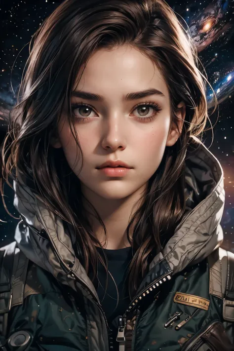 Upper body close-up image. A beautiful young woman. Detailed drawing of the face. Eighteen years old. dark brown hair. She is looking at the camera with a serious expression. She is wearing a jacket. An image of a parallel universe in space behind him.