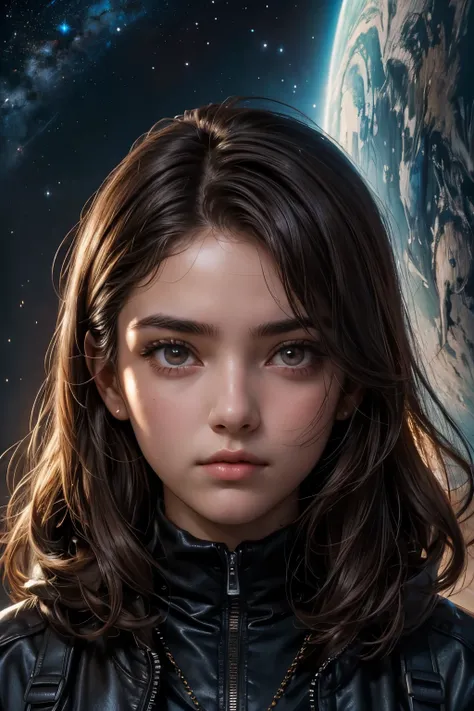 Upper body close-up image. A beautiful young woman. Detailed drawing of the face. Eighteen years old. dark brown hair. She is looking at the camera with a serious expression. She is wearing a jacket. An image of a parallel universe in space behind him.