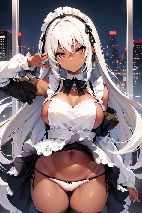 (( dark skin と white skinの女の子2人:1.5))、Maid Costume、Nipples、((Busty))、Blonde、 dark skin 、 white skin、 maid headdress 、 bow tie 、 black pantyhose、下半身は pantiesだけ、((large number of customers 1 .5))、(((Around town)))、City、outside、(((Shibuya)))、(( panties))、