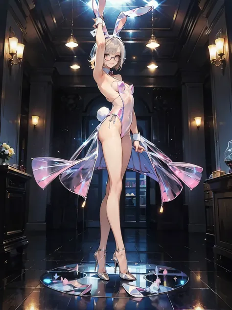 anime - style illustration of a woman in a (transparent bunny girl costume:1.5), anime character, official character art, trending on e-girl, feminine, full body, female anime girl, obscene Posing:1.5, blunt bangs, glasses, (tanned:1.0), looking at viewer,...