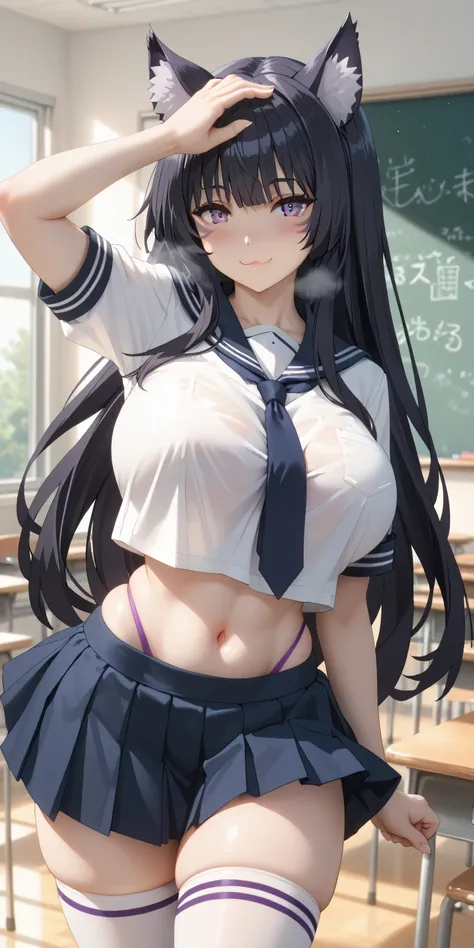 tall girl, fit girl,score_9, score_8_up, score_7_up, score_6_up, uncensored, delta, long hair, black hair, animal ears, purple e...