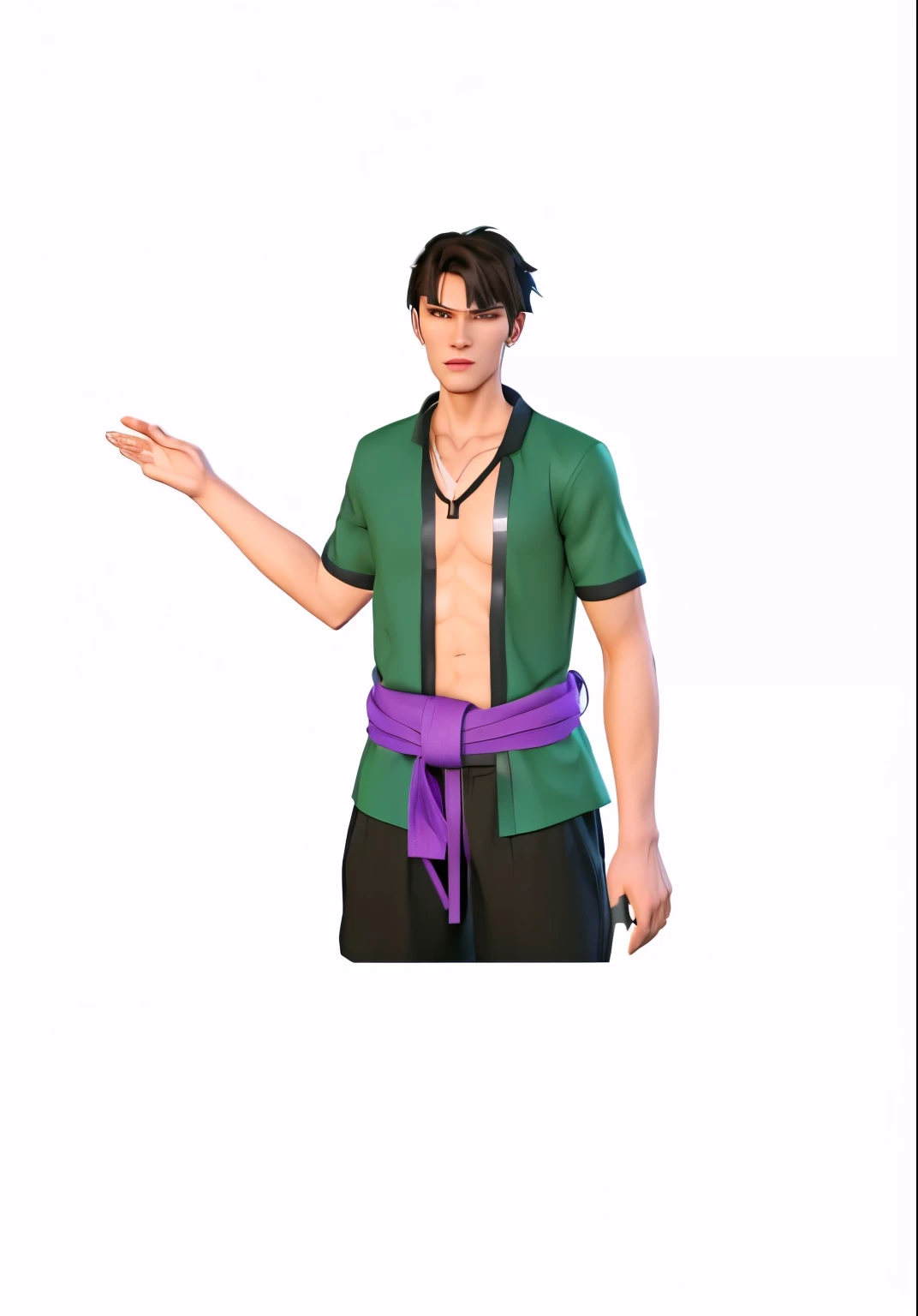 a cartoon of a man with a shirt on and a purple belt, rotoscoped, full body single character, single character full body, 3 d render of jerma 9 8 5, visual novel sprite, male character, full body character, [ digital art ]!!, skinny male fantasy alchemist,...