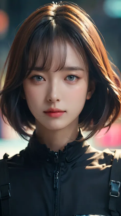 (masterpiece, highest quality, highest quality, Official Art, beautifully, aesthetic:1.2), Portrait Photography, (Cyberpunk beautiful girl 1 person), Big iridescent eyes, Beautiful skin, (Pink and blue long hair with bangs), Very detailed, (Neon colored fr...
