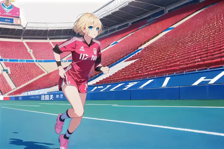 １A woman in her 30s、 full shot 、 very short cut hair、 blue eyes、Blonde、 No Emotion、 slim、Pink uniform、Pink Shoes、 Soccer Stadium 、run、Shoot、active