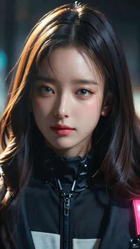 (masterpiece, highest quality, highest quality, Official Art, beautifully, aesthetic:1.2), Portrait Photography, (Cyberpunk beautiful girl 1 person), Big iridescent eyes, Beautiful skin, (Pink and blue long hair with bangs), Very detailed, (Neon colored fr...
