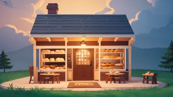 cozy bakery, bakers cottage, stylized, 2d, flat style, cozy